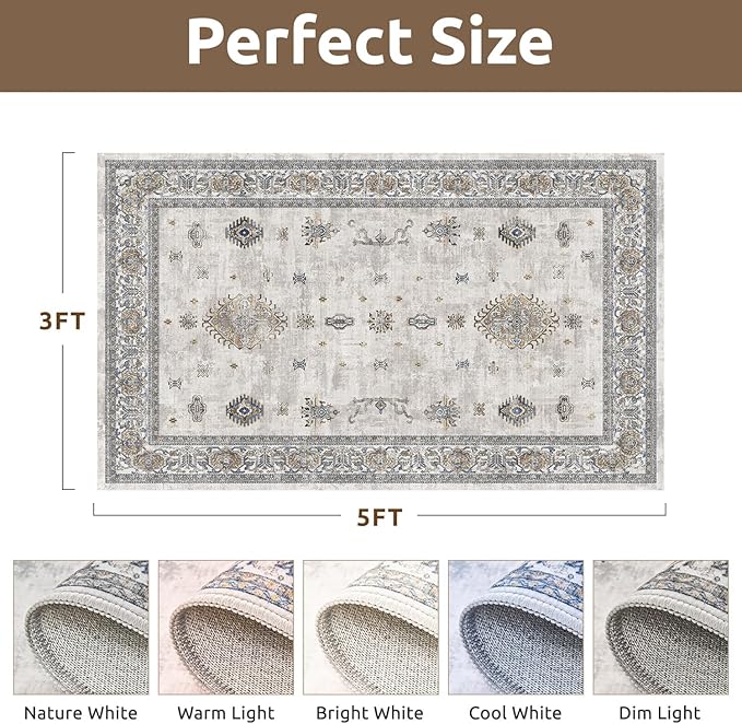 AMOAMI-Vintage Area Rug 3x5 Grey Rugs for Living Room-Soft Washable Rug Non Slip Entryway Rug Indoor Vintage Throw Accent for Bedroom Laundry Room Dining Bathroom Bedside-Ruum Studio Home