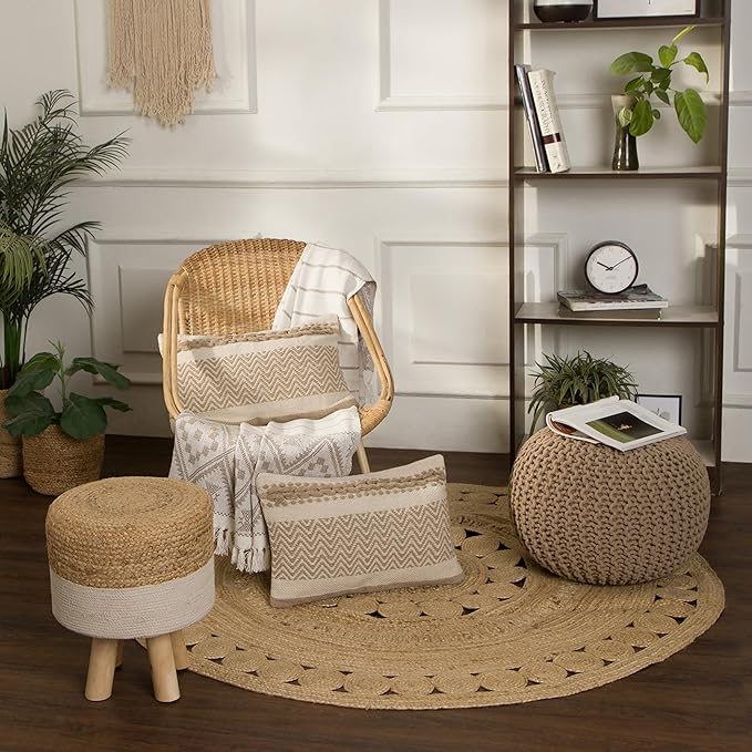 REDEARTH Round Pouf Ottoman - Hand Knitted Cable Boho Poof Home Décor Pouffe Circular Footrest for Living Room - Bedroom - Lounge - 100% Cotton (19.5"x19.5"x14") - Beige-Ruum Studio Home