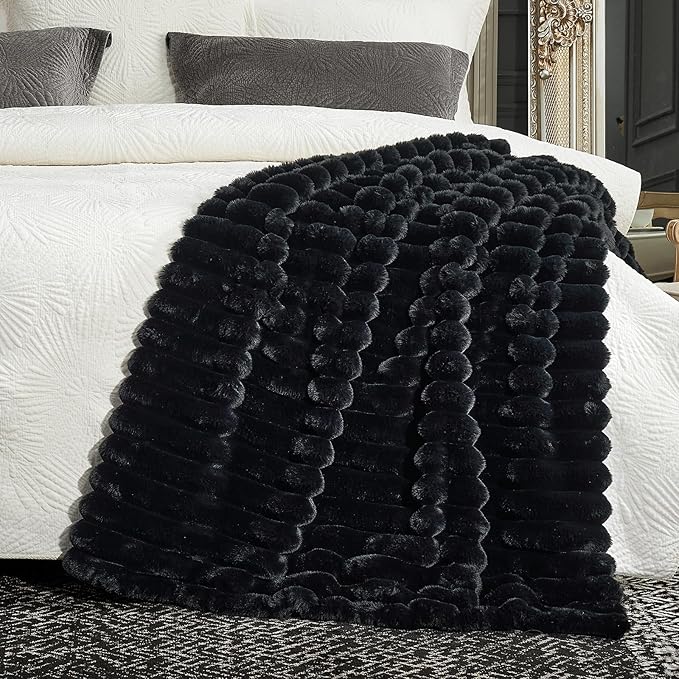 Cozy Bliss Faux Fur Throw Blanket for Couch, Cozy Warm Plush Striped Blanket for Sofa Bedroom Living Room,60 * 80 Inches Black-Ruum Studio Home