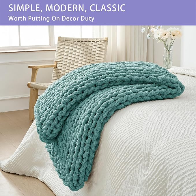 Bigacogo Chunky Knit Throw Blanket for Couch, 40x40 inches, 100% Hand Knitted with Thick Jumbo Chenille Yarn, Cozy Soft Large Rope Knot Cable Crochet Blankets for Sofa Bed Living Room, Light Teal-Ruum Studio Home