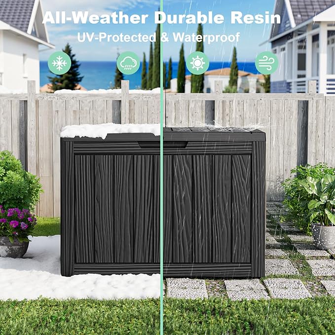 45 Gallon Resin Deck Box, Lockable Outdoor Storage Box for Patio Cushions Storage Furniture,Garden Tools, Pool Supplies, Weatherproof and UV Resistant（Black）-Ruum Studio Home