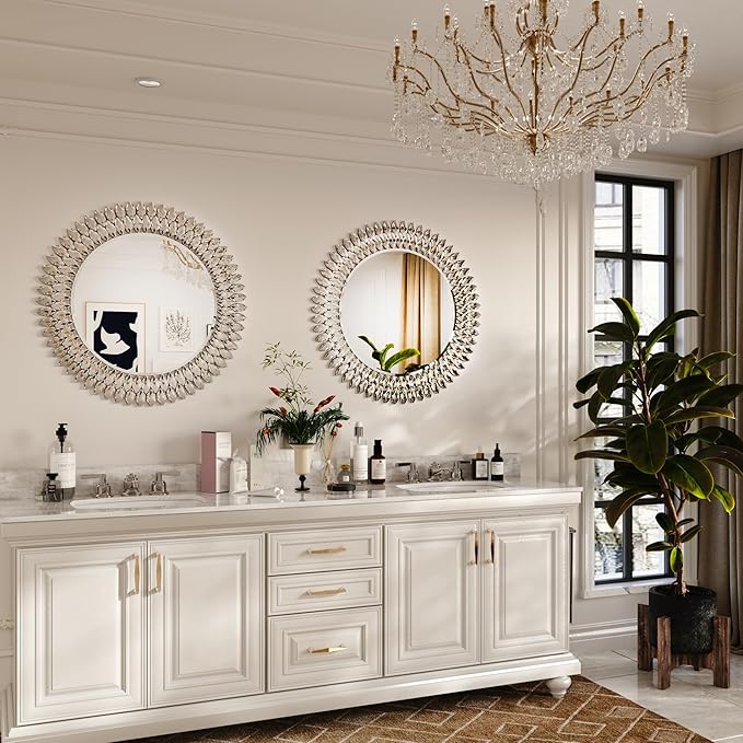 Kelly Miller Jeweled Mirror for Wall, 28 Inch Round Luxury Mirror with Sparkling Diamonds Beveled Modern Wall Decor for Bathroom, Living Room, Bedroom, Hallway-Ruum Studio Home