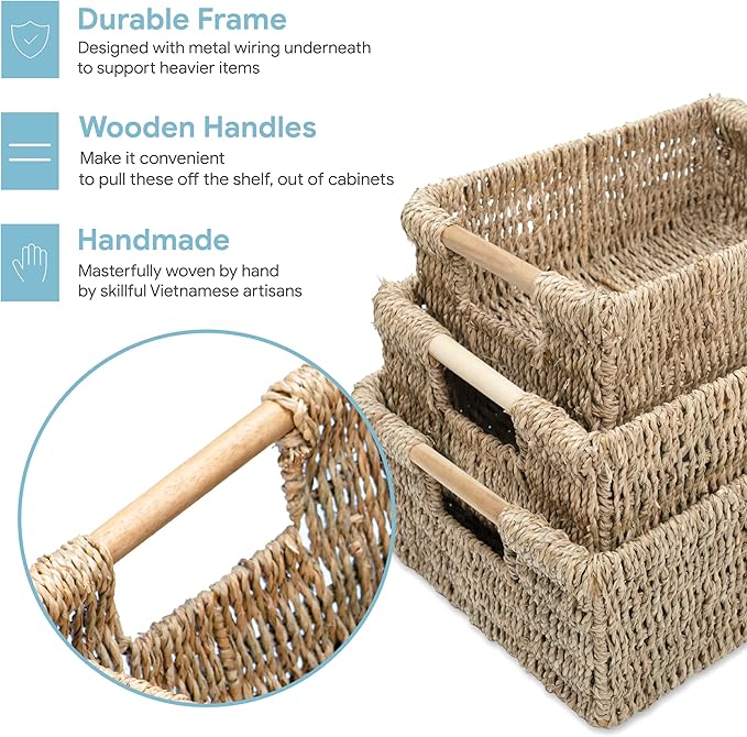 VATIMA Seagrass Baskets with Wooden Handles, Set of 3 Decorative Natural Wicker Baskets for Kitchen-Ruum Studio Home