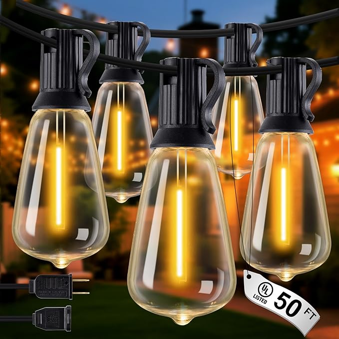 Outdoor String Lights - 50FT LED Patio Lights with 27 Shatterproof Waterproof Bulbs, Connectable Dimmable Edison IP65 ST38 Outside Lights for Garden, Balcony, Porch, Backyard, Deck, Home Decor-Ruum Studio Home