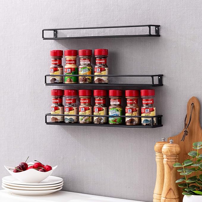 MyGift Set of 3 Wall-Mounted Black Metal Nail Polish and Essential Oils Display Shelves, Kitchen Spice Jars Rack-Ruum Studio Home