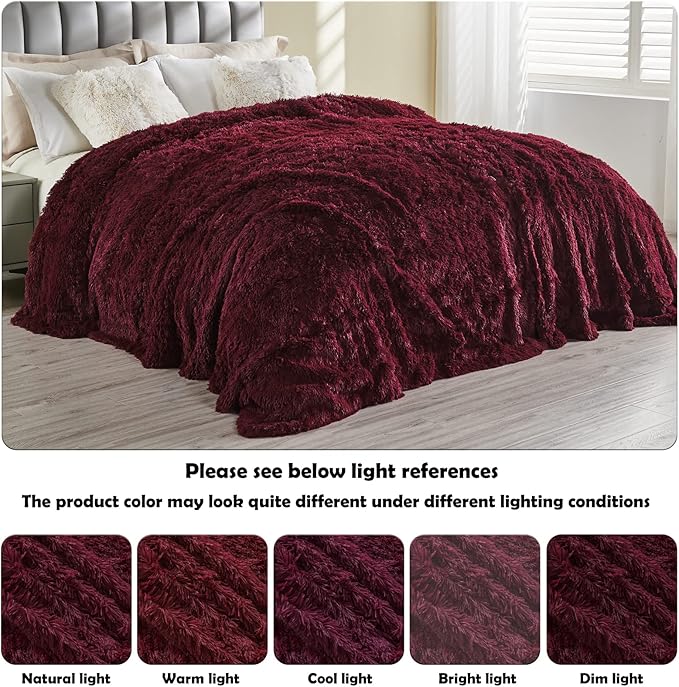GONAAP Fuzzy Faux Fur Throw Blanket Queen Size Wine Red Super Soft Cozy Plush Fuzzy Shaggy Blanket for Couch Sofa Bed (Wine Red, Queen(90"x90"))-Ruum Studio Home
