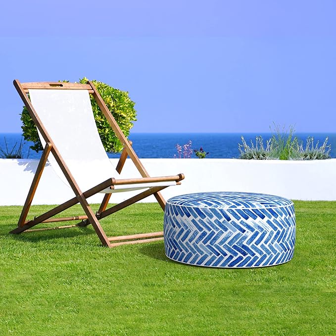 LVTXIII Indoor/Outdoor Inflatable Ottoman, All Weather Round Footrest Stool D21”x H9”, Portable for Patio Garden Camping or Home-Blue Bricks-Ruum Studio Home