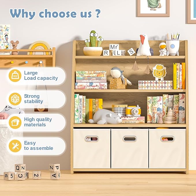 Kids Bookshelf and Toy Organizer, Wooden Kids Bookcase, Toddler Montessori Bookshelf with 3 Movable Drawers, Toy Storage Organizer for Kids Room, Living Room, Nursery-Ruum Studio Home