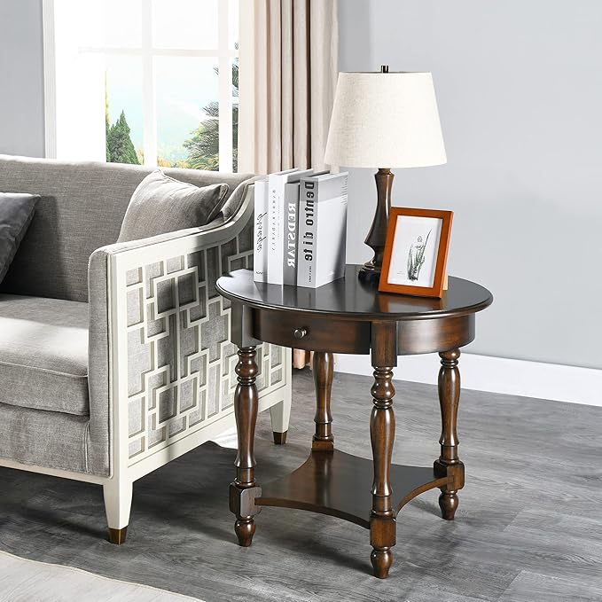 MODERION Oval End Table with Drawer, Solid Wood Sofa Side Table with Storage Shelf, Traditional Living Room Corner Table, Nightstand, Easy Assembly 28” x 22” x 24” Retro Walnut CJZ2233DC-Ruum Studio Home