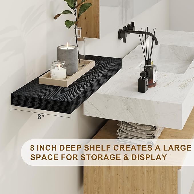 Fun Memories Rustic Black Floating Shelves 24 Inch Long, 8 Inch Deep Floating Shelf, 24 x 8 Wall Shelves Set of 2, Deep Black Bathroom Shelves, 24 Long Floating Bookshelf Wall Mounted-Ruum Studio Home