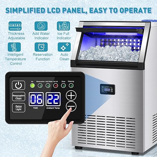 Commercial Ice Maker Machine, 175Lbs/24H with 45Lbs Storage, 55Pcs Clear Ice Cubes in 8-15Mins, Freestanding Stainless Steel Ice Machine for Home, Bar, Party, Office - Fast Ice Making & Easy to Clean-Ruum Studio Home