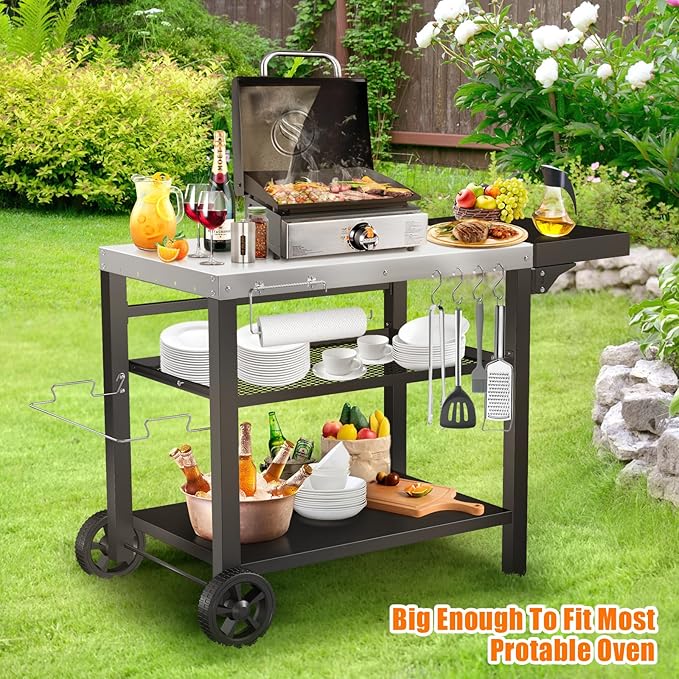Grill Cart, Outdoor Grill Table, Pizza Oven Stand, Three-Shelf BBQ Table, Movable Dining Cart with Drawer, Fits for Ninja Woodfire Grill, Blackstone Griddle,Tabletop Grill-Ruum Studio Home