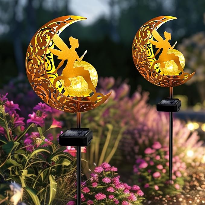 YJFWAL 2 Pack Garden Solar Lights Pathway Stake Lights Moon Fairy Glass Globe with Angel Decor, Gardening Birthday Gift for Mom Grandma Friends, Outdoor Decor Light Waterproof for Walkway, Yard, Patio-Ruum Studio Home