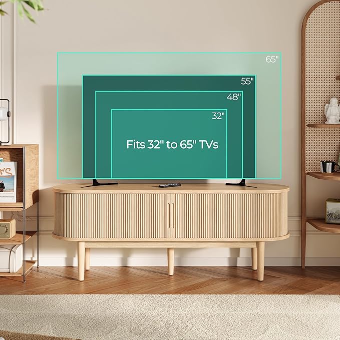 LINSY HOME TV Stand for 65" TV, Mid-Century Modern 58" Entertainment Center with Sliding Tambour Door and Storage Cabinet, Cruved TV Media Console Table for Living Room, Bedroom, Oak-Ruum Studio Home