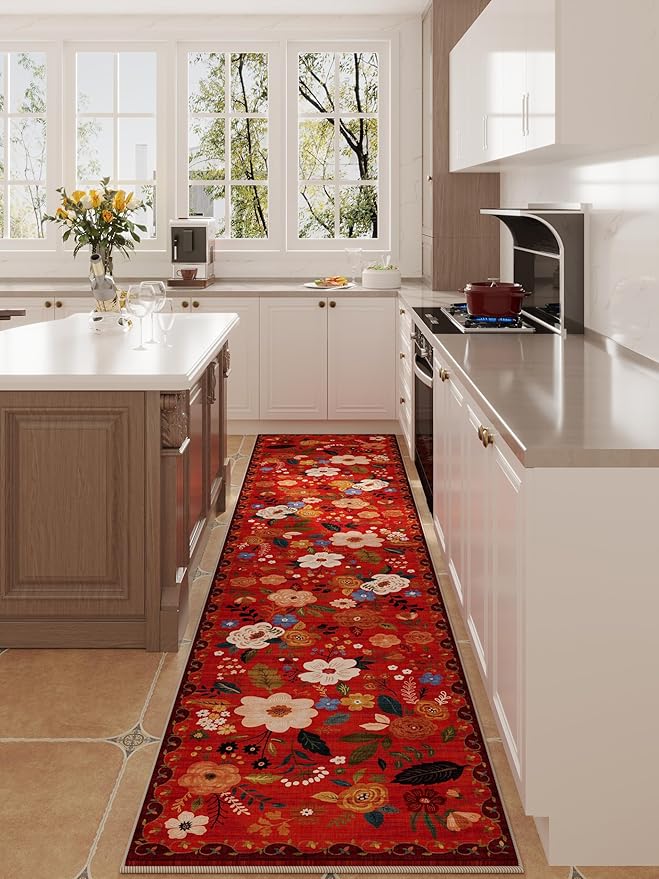 Runners for Hallways Kitchen Runner Rug Non Slip 2'x 10' Long Washable Rugs with Rubber Backing Soft Floral Carpet Runner for Hallways, Kitchen, Laundry, Bedroom, Bathroom(Red)-Ruum Studio Home