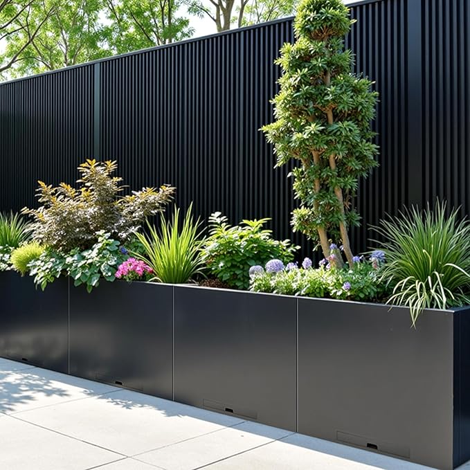 KOL Galvanized Steel Planter Box, with Insert Tray Drainage Holes, Rectangular Black Powder Coated Metal Planter, Outdoor Use, Heavy Duty Modern Flower Pot (Black, 36" H x 11" W x 32" L)-Ruum Studio Home