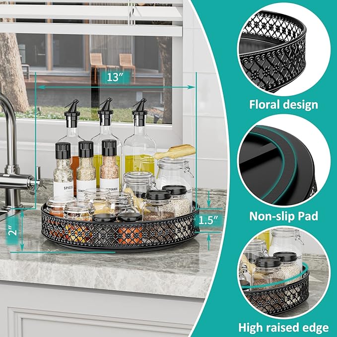 Ovicar Lazy Susan Turntable Organizer - 13 inch Rotating Spice Rack Metal Lazy Susan for Cabinet Pantry Kitchen Countertop Dining Table Cupboard Bathroom Vanity Refrigerator Black-Ruum Studio Home