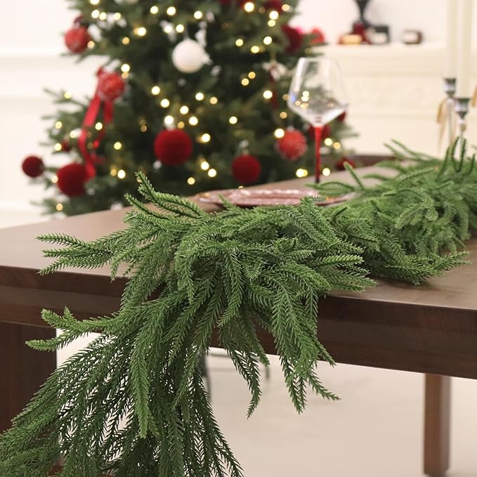 2PCS 9FT Christmas Garland Norfolk Pine Garland Real Touch Artificial Greenery Garland for Mantle Fireplace Table Indoor Outdoor Decor (Full)-Ruum Studio Home