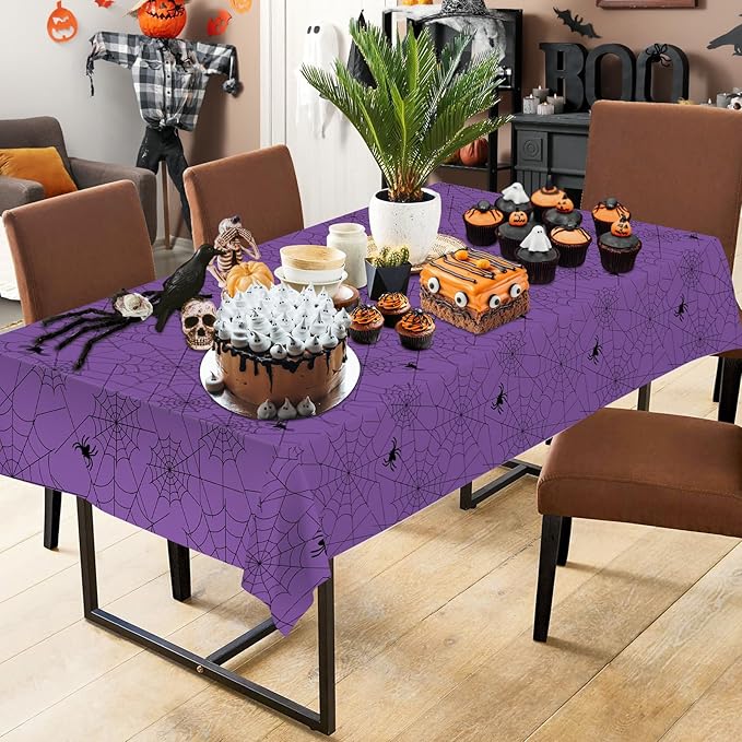 2 Pcs Halloween Tablecloth - Plastic Halloweens Spider Webs Table Cloth, Purple Disposable Rectangle Spiderweb Table Cover for Halloween Party Decorations Supplies Favors Tables Decor, 108 x 54 Inch-Ruum Studio Home