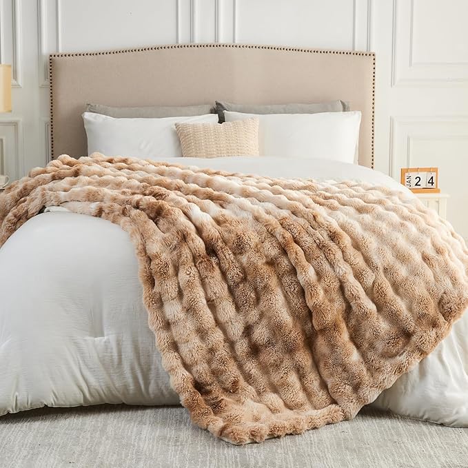 NEWCOSPLAY Faux Fur Twin Blanket Tie-dye Beige Luxury Fluffy Thick Warm Bubble Blanket for Couch Sofa Bed 700GSM (Tie-dye Beige, Twin(60"x80"))-Ruum Studio Home