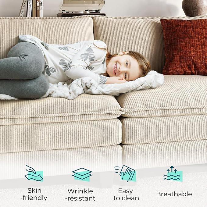 LINSY HOME Modular Sectional Sofa - 123'' Comfy Corduroy Cloud Sofa Oversized L Shaped Couch with Movable Ottoman, Soft Modern Sofa for Living Room Apartment, Beige-Ruum Studio Home