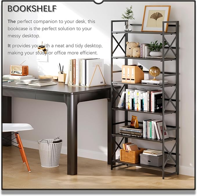 4NM 6 Tiers No Assembly Book Shelves, 61.8" H Folding Bookshelf Bookcase Open Industrial Foldable Shelves for Bedroom, Living Room, Home Office - All Black-Ruum Studio Home