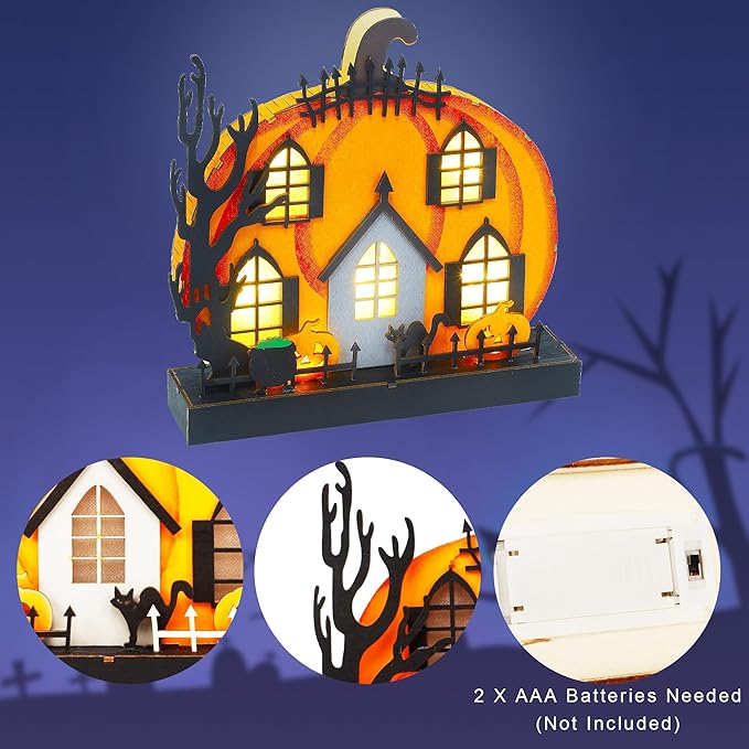 Lulu Home Halloween Tabletop Decoration, Wooden Lighted Pumpkin House Decoration Ornaments, Battery Operated Halloween Sign Indoor Fireplace Desk Kitchen Table Ornament, 9 x 9 x 2.1 INCH-Ruum Studio Home