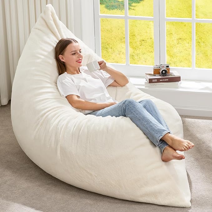 Hobestluk 3 in 1 Bean Bag Chair Giant Bean Bag Chairs for Adults with Plush Faux Fur Cover Convertible Bean Bag Floor Cushion with Machine Washable Cover for Living Room (Plush White)-Ruum Studio Home