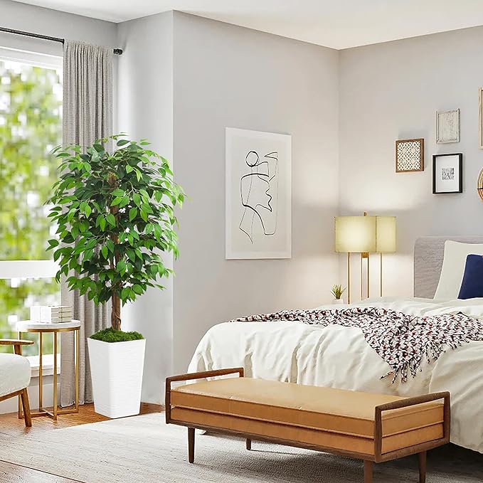 Artificial Ficus Tree 5FT Faux Floor Tree with Planter UV Resistant Potted Fake Silk Plant, Real Wood Trunk-Indoor Outdoor Lifelike Fake Ficus Tree for Home, Living Room Bedroom Topiary Tree-Ruum Studio Home