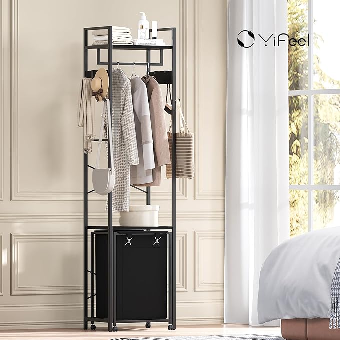 Coat Rack with Laundry Basket, Laundry Hamper Freestanding Hall Tree, Clothes Rack with Storage Shelves, 14.5 Gal Removable Bags on Wheels, Black JLH005B-Ruum Studio Home