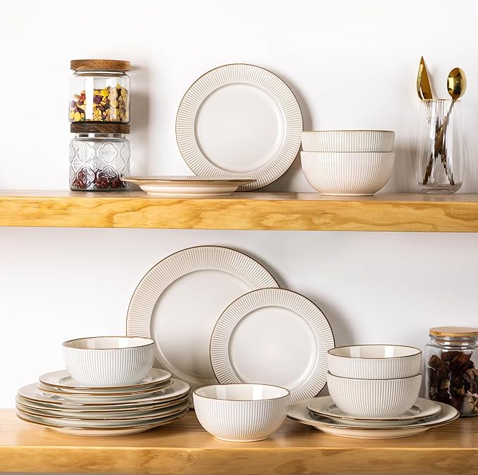 GBHOME Ceramic Dinnerware Sets,18 pcs Embossed Elegant Stoneware Plates and Bowls Sets, Housewarming Wedding Gift | Dishwasher & Microwave Safe | Dishes Set Service for 6-Ruum Studio Home