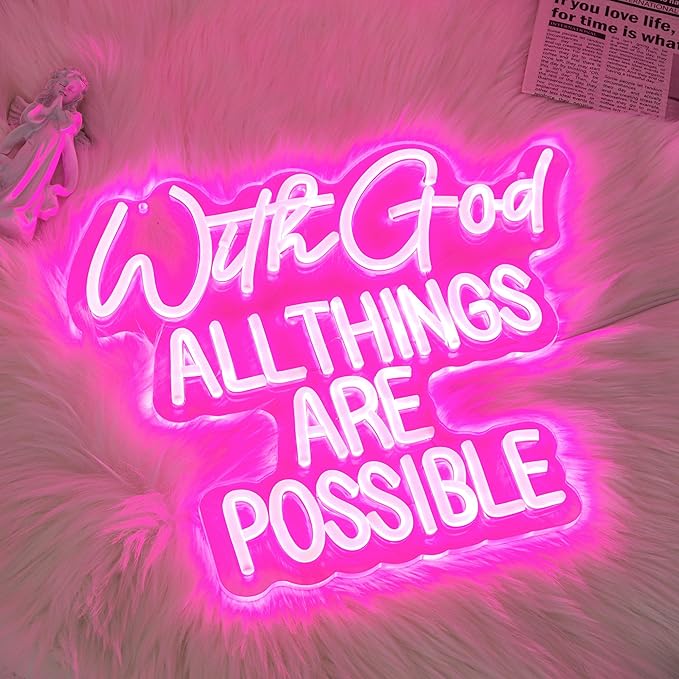 "With God All Things Are Possible" Neon Sign God Neon Light for Wall Decor Letter LED Neon Sign Pink LED Neon Light Dimmable Neon Signs for Bedroom Wedding Church Decoration-Ruum Studio Home
