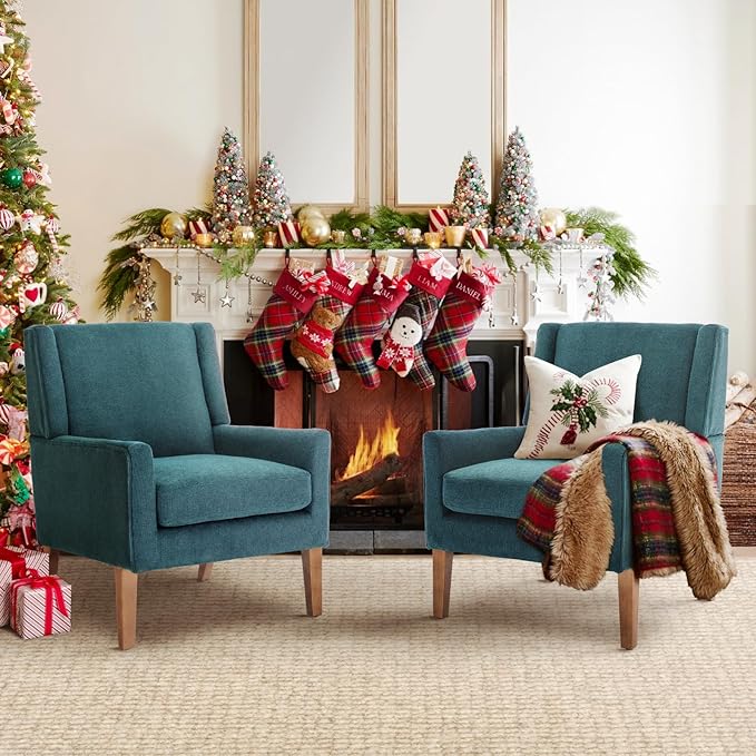 COLAMY Modern Wingback Living Room Chair Set of 2, Upholstered Fabric Accent Armchair, Single Sofa Chair with Lounge Seat and Wood Legs for Bedroom/Office/Reading Spaces, Teal-Ruum Studio Home