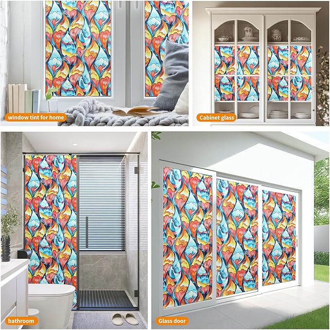 Window Privacy Film Stained Glass Decorative Static Clings Frosted Window Tint for Home Room Decor Bathroom Door Car Stickers with Glittering Effect, Removable(Tulip)-Ruum Studio Home
