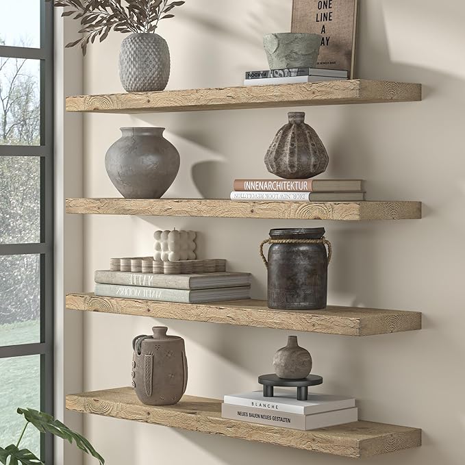 Fun Memories Floating Shelves for Wall Decor, 55"x8" Rustic Reclaimed Wood Shelves, Heavy-Duty Wall Mounted Shelves with Invisible Brackets for Living Room, Bedroom, Kitchen, Natural Finish-Ruum Studio Home