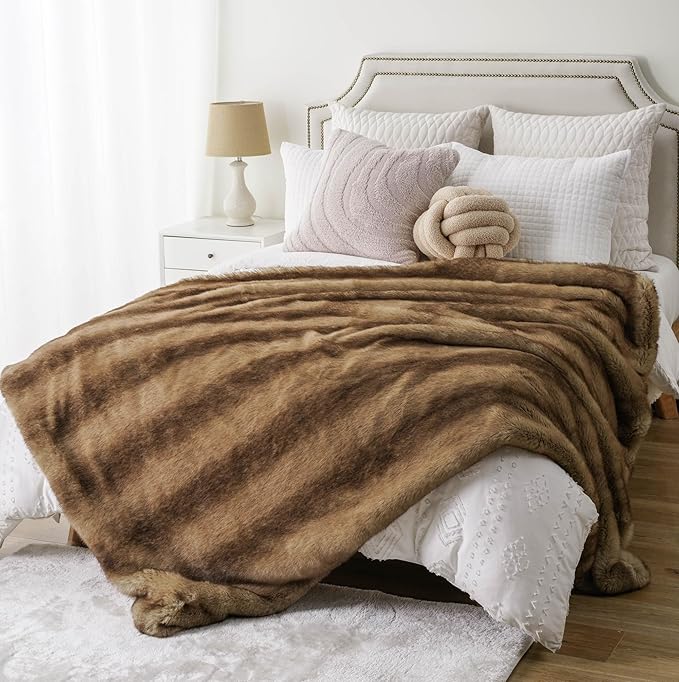 BATTILO HOME Luxury Camel Faux Fur Throw Blanket, Soft Cozy Warm Mink Fur Blanket for Bed, Home Decor, Large Striped Fur Blankets and Throws Faux, 60"x80"-Ruum Studio Home