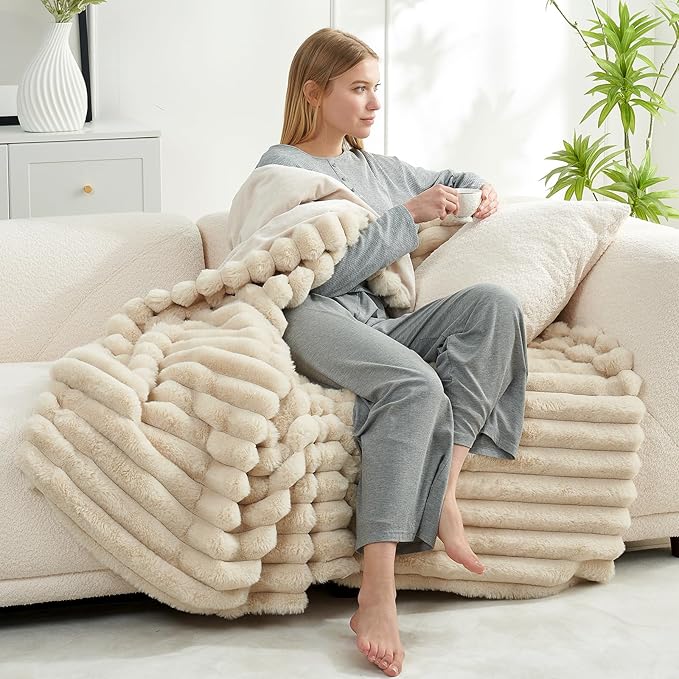 Cozy Bliss Faux Fur Throw Blanket for Couch, Cozy Warm Plush Striped Blanket for Sofa Bedroom Living Room,50 * 60 Inches Beige-Ruum Studio Home