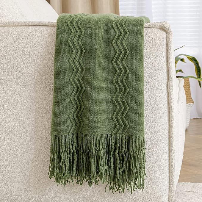 MIULEE Moss Green Knitted Throw Blanket for Couch Textured Knit Blanket with Tassels Cozy Woven Bed Blanket for Sofa Bed Chair Wave Pattern Spring Home Decor for All Seasons 50"x60"-Ruum Studio Home