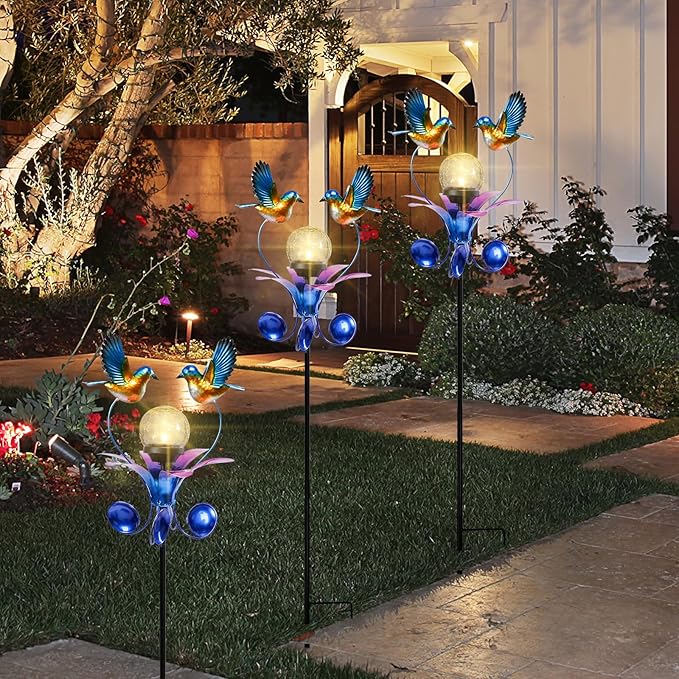 VCUTEKA Solar Lights Outdoor Metal Garden Stake Waterproof Crackle Glass Globe Garden Decor Blue Jay Bird for Pathway, Lawn, Patio, Yard-Ruum Studio Home