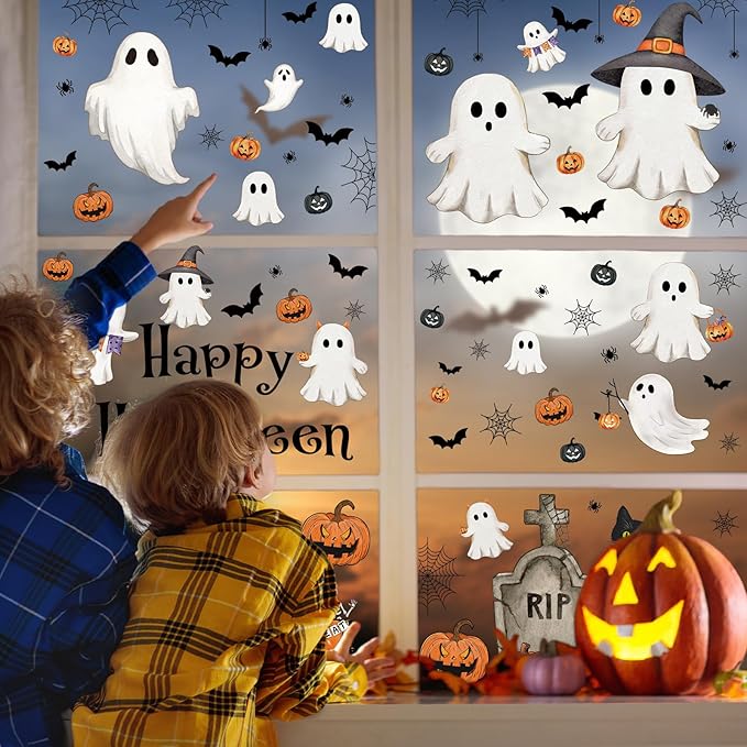 Vintage Halloween Window Clings 6 Sheets, Large Retro Spooky Ghost J-O-Lantern Pumpkin Reusable Window Decals Stickers for Home Halloween Party Decorations Supplies (Ghost)-Ruum Studio Home