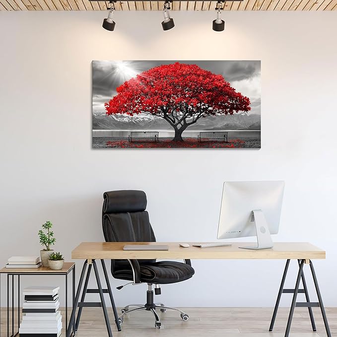 AJAZIKO Red Wall Art - Modern Framed Wall Art for Living Room - Red Tree Black and White Landscape Canvas Prints Posters & Prints for Home Office Bedroom Decorations - Large Wall Pictures 20×40IN-Ruum Studio Home
