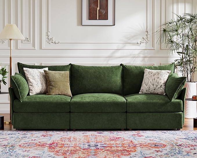 102.6" Modular Sectional Sofa, Oversized 3-Seater Green Couch with Removable Chenille Fabric Cover, Deep Seat & High Backrest for Living Room, Office & Apartment-Ruum Studio Home