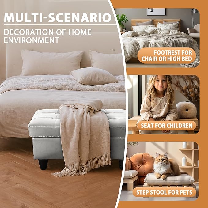 Ottoman Rectangular Storage Ottoman Bench, Faux Leather Footrest, Coffee Table, Stool Footstool with Hinged Lid for Living Room, Bedroom, Entryway, Silver, 35"x23.5"x17.5"-Ruum Studio Home