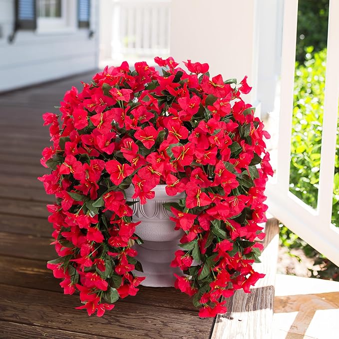 Faux Bougainvillea Artificial Flowers Plants for Outdoor Outside Decoration, 2 PCS Red Fake Flowers UV Resistant Look Real Silk Long Trailing Vines for Front Door Porch Planter Urn Patio Garden Yard-Ruum Studio Home