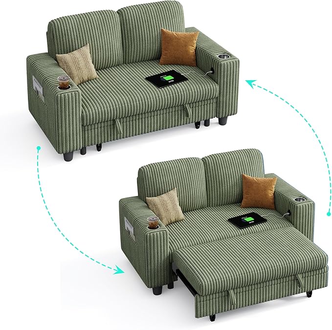 LINSY HOME Loveseat Sofa with Pull Out Couch Chaise: 2-in-1 Convertible 2 Seater Sofa with USB Charging & Cup Holders, Comfy Plush Corduroy Love Seat for Small Spaces Living Room Apartment, Green-Ruum Studio Home