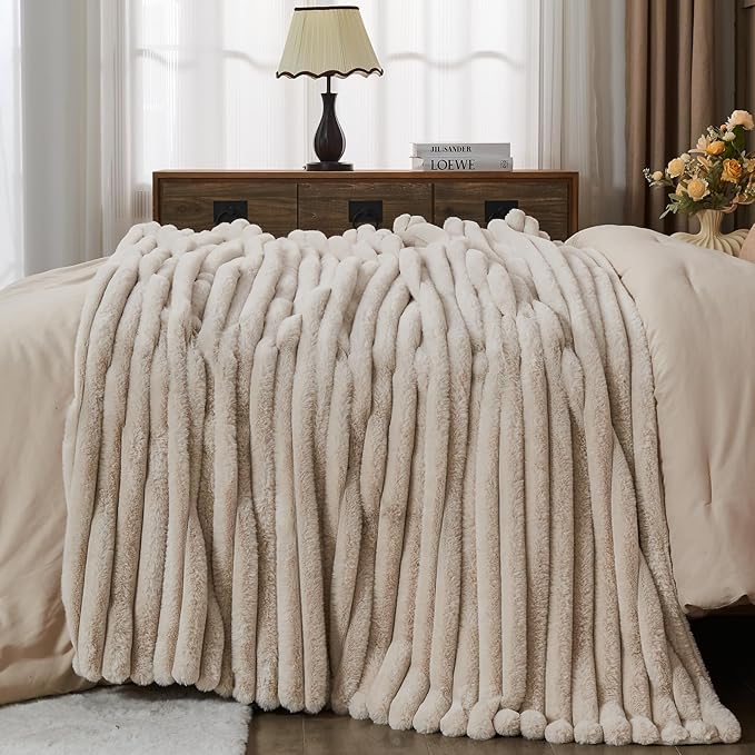 NEWCOSPLAY Faux Fur Twin Blanket Linen 3D Ribbed Plush Thick Warm Blanket for Couch Sofa Bed 850GSM (Linen Ribbed, Twin(60"x80"))-Ruum Studio Home