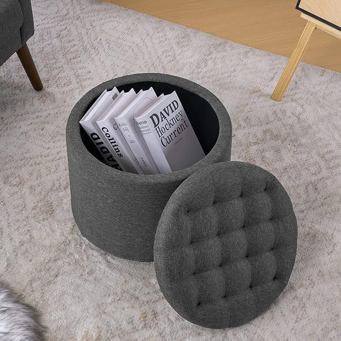 Furniliving 18.7inch Storage Round Ottoman, Footstools with Hidden Storage with Removable Lid, Stylish Button Tufted Design Ottoman Foot Stools for Living Room, Bedroom，Darkgrey-Ruum Studio Home