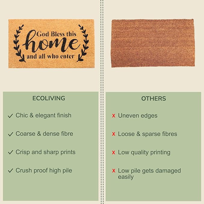 Welcome Doormats, Natural Coco Coir Mats with Non-Slip PVC Backing, Indoor Outdoor Mats for Home & Office, Mats for Door with God Bless This Home Print, Beige & Black, 30"x17"-Ruum Studio Home