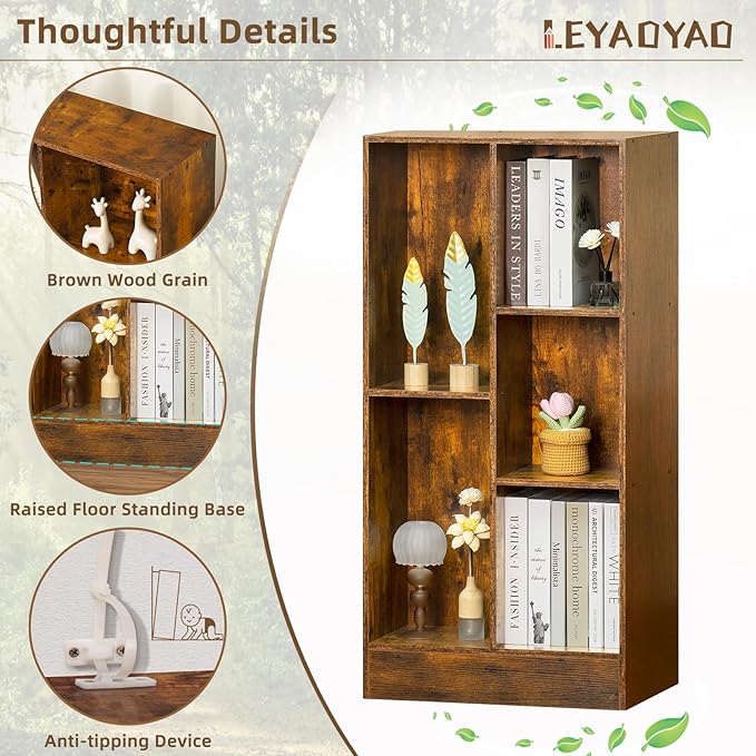 LEYAOYAO 5 Cube Mid-Century Modern Brown Wood Bookcase, 3 Tier Storage Organizer Shelf, Rustic Display Cabinet for Bedroom, Living Room, Office-Ruum Studio Home