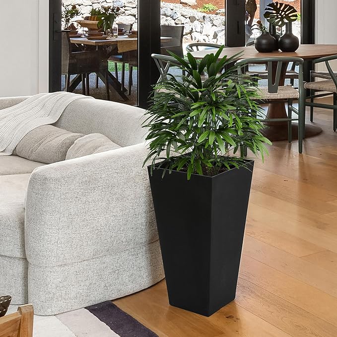 Worth Garden 2-Pack Black Matte Texture Square Tapered Planter - 25.5" H. Tall Plastic Plant Pots with Drain Hole for Indoor Outdoor - Modern Decorative Flower Pots for Front Porch, Patio, Deck-Ruum Studio Home